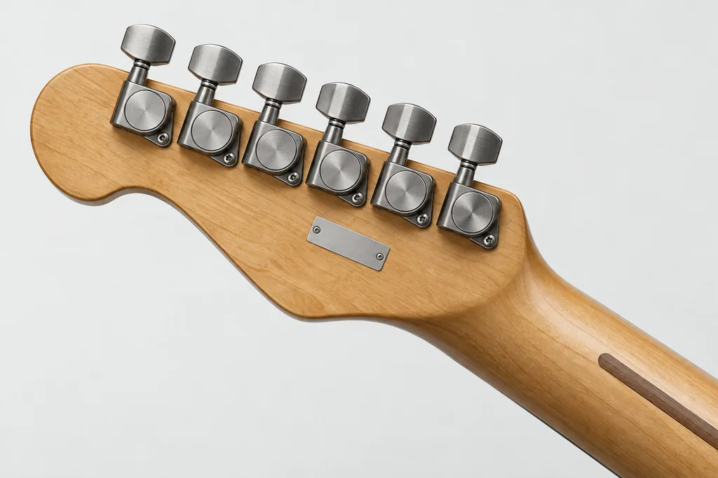 Vista ilustrativa de la parte posterior de un clavijero, un lugar común para buscar el número de serie Fender